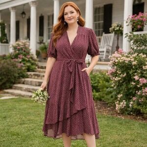 Draper James Wrap Dress Women XXL Burgundy Geometric Tiered High-Low Mesh Garden